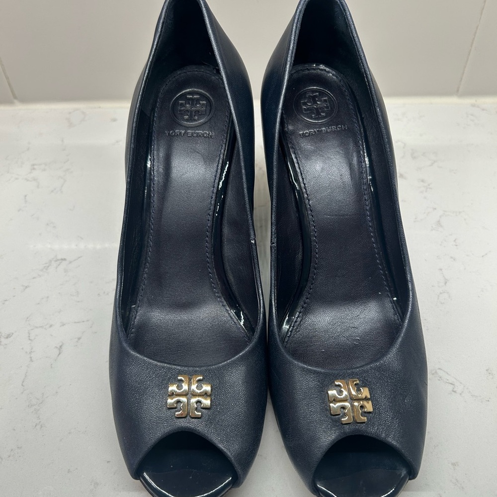 Tory Burch Black and Gold Peep Toe Heels